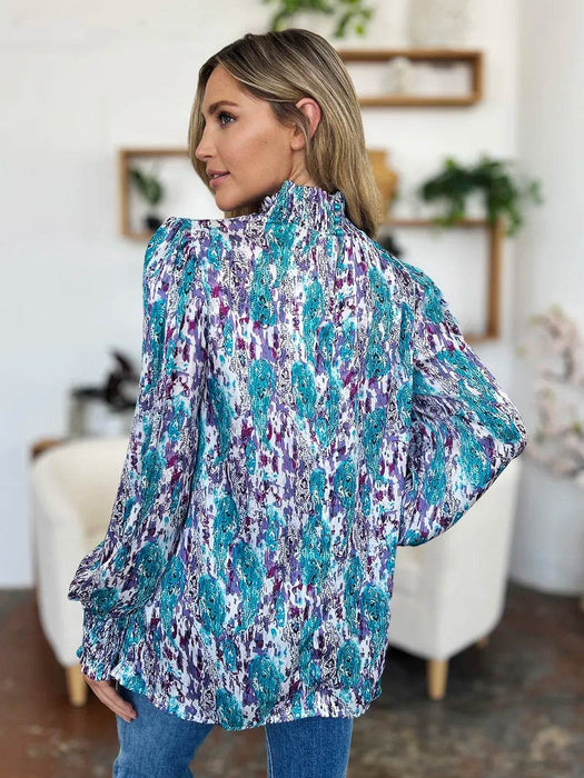 Double Take Full Size Printed Smocked Long Sleeve Blouse - Byyde