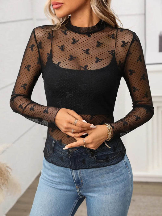 Floral Mock Neck Long Sleeve Mesh Top - Byyde