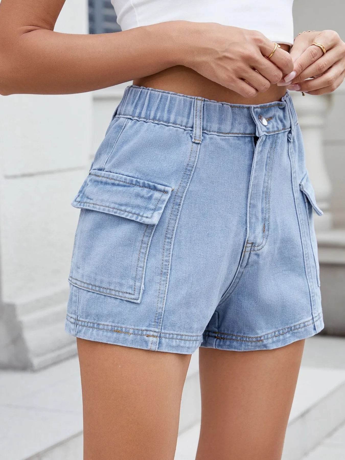 High Waist Cargo Denim Shorts - Byyde