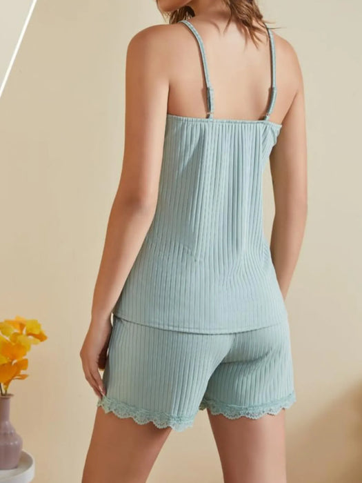 Lace-Trimmed Ribbed Cami and Shorts Lounge Set - Byyde