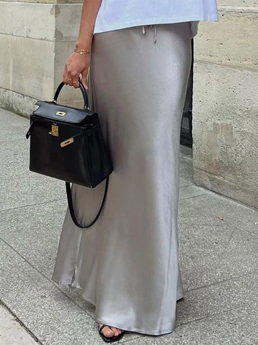 Satin Maxi Skirt with Drawstring Waist - Byyde