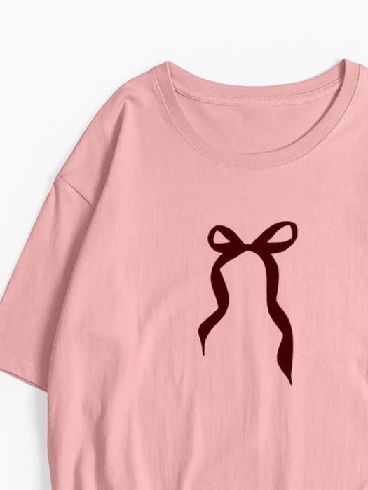 Plus Size Bow Round Neck Short Sleeve T-Shirt - Byyde