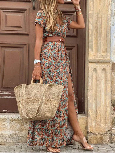 Full Size Printed V-Neck Short Sleeve Maxi Dress Plus Size - Byyde