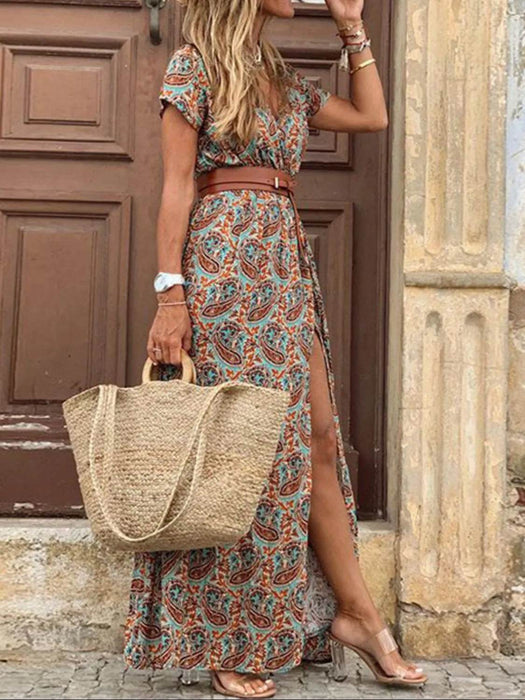 Full Size Printed V-Neck Short Sleeve Maxi Dress Plus Size - Byyde