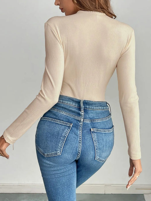 Perfee Decorative Button Round Neck Long Sleeve Bodysuit - Byyde