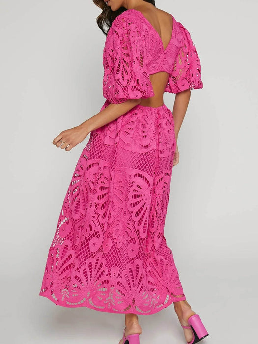 Cutout Back Lace Crochet V-Neck Dress - Byyde