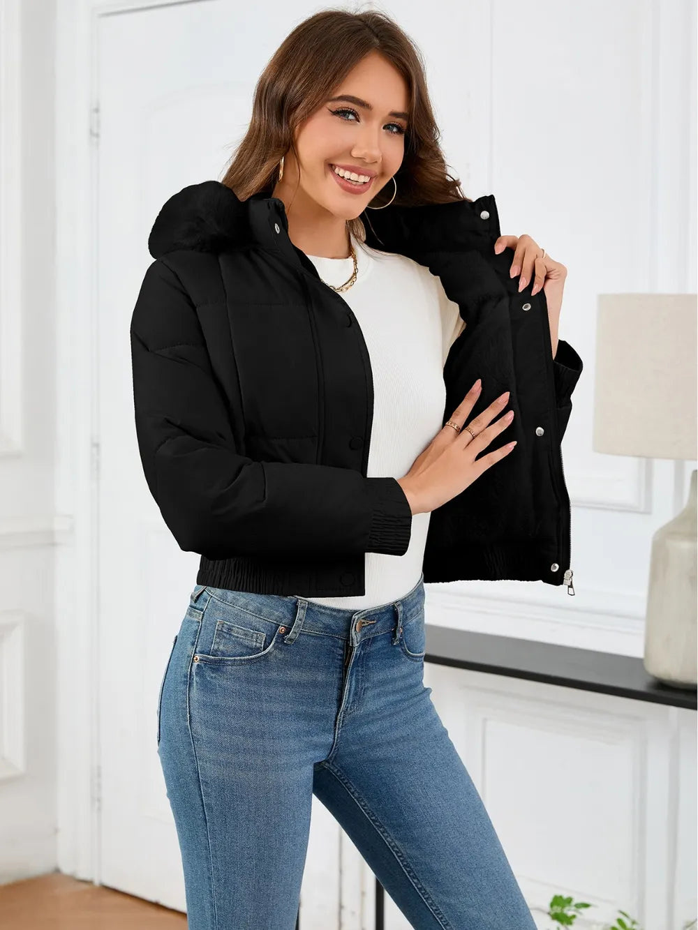 Pocketed Long Sleeve Cropped Hooded Winter Coat - Byyde