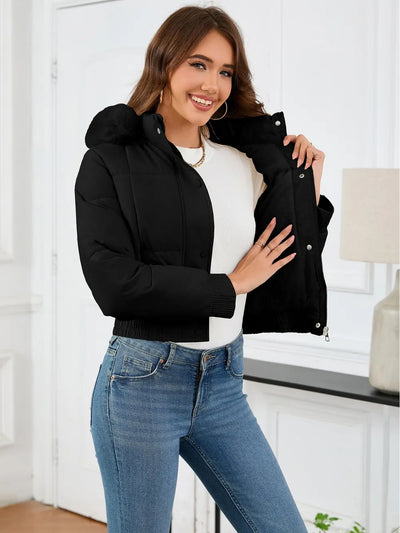 Pocketed Long Sleeve Cropped Hooded Winter Coat - Byyde