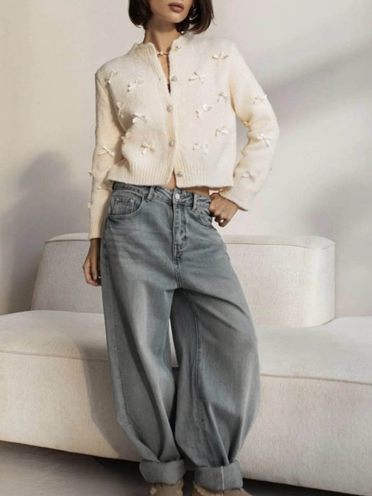 Bow Button Up Long Sleeve Cardigan - Byyde