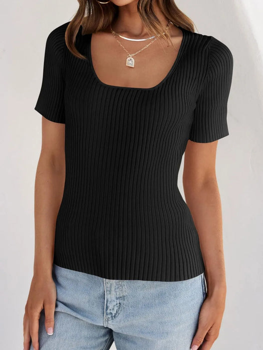 Ribbed Square Neck Short Sleeve Knit Top - Byyde