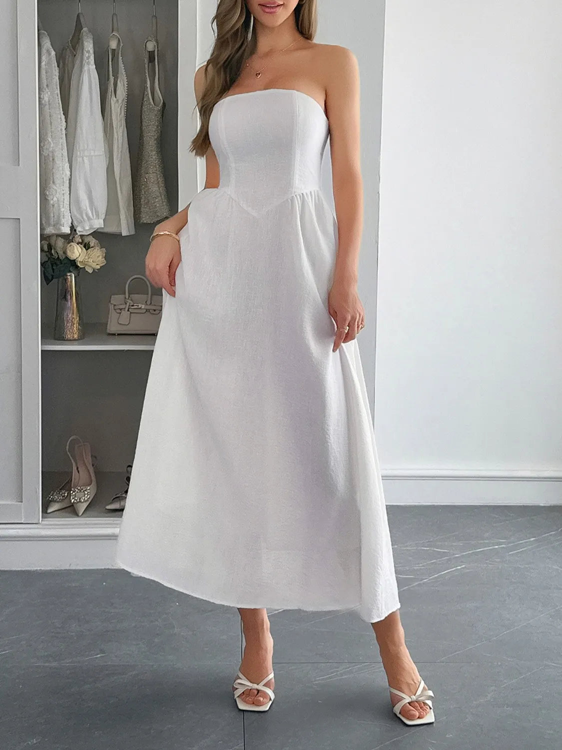 Strapless A-Line Midi Dress with Pockets - Byyde