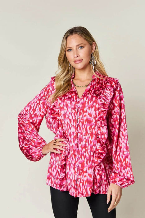 Double Take Full Size Printed Ruffle Trim Balloon Sleeve Shirt - Byyde