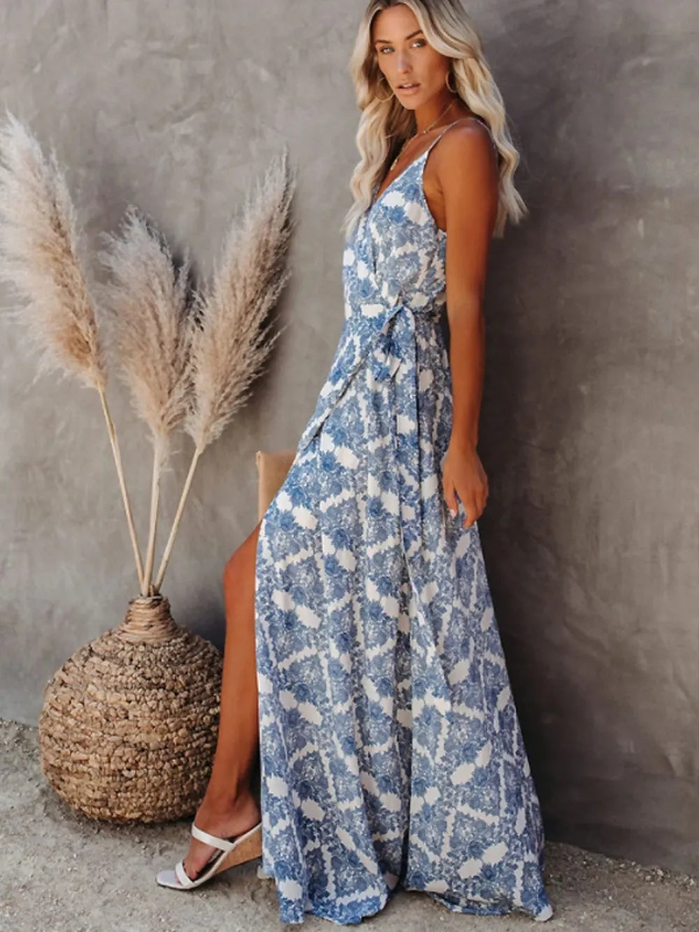 Printed Tied Maxi Cami Dress - Byyde