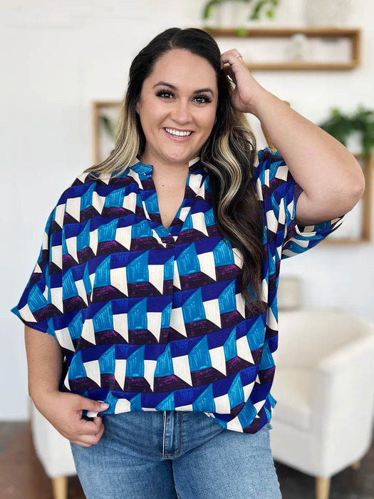 Double Take Full Size Geometric Notched Half Sleeve Blouse - Byyde