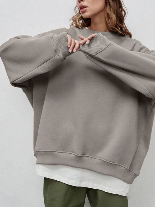 Round Neck Dropped Shoulder Long Sleeve Sweatshirt - Byyde