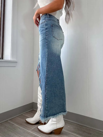 High-Waist Raw Hem Asymmetry Denim Skirt - Byyde