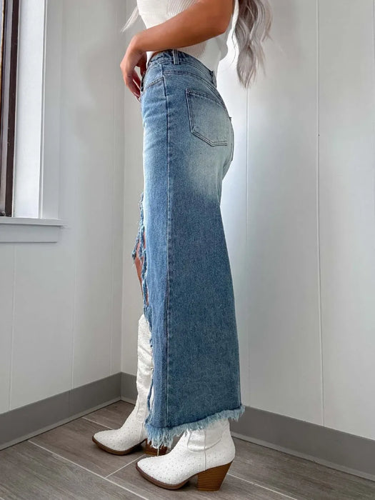 High-Waist Raw Hem Asymmetry Denim Skirt - Byyde