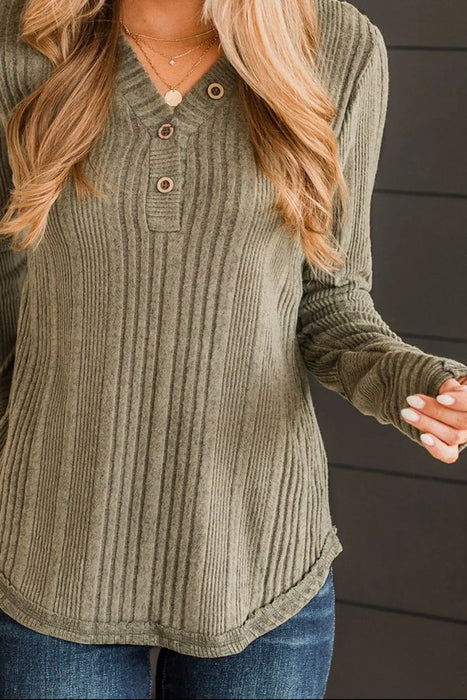 Ribbed Buttoned Long Sleeve Blouse - Byyde