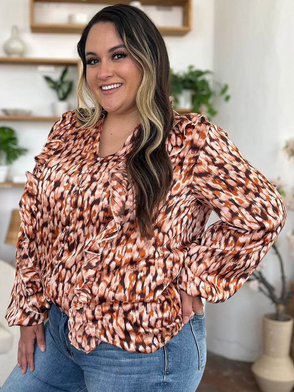 Double Take Full Size Printed Ruffle Trim Balloon Sleeve Shirt - Byyde