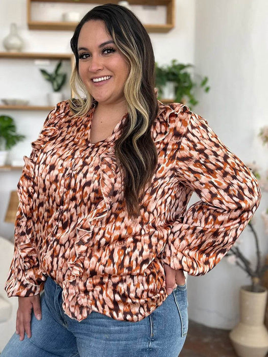Double Take Full Size Printed Ruffle Trim Balloon Sleeve Shirt - Byyde