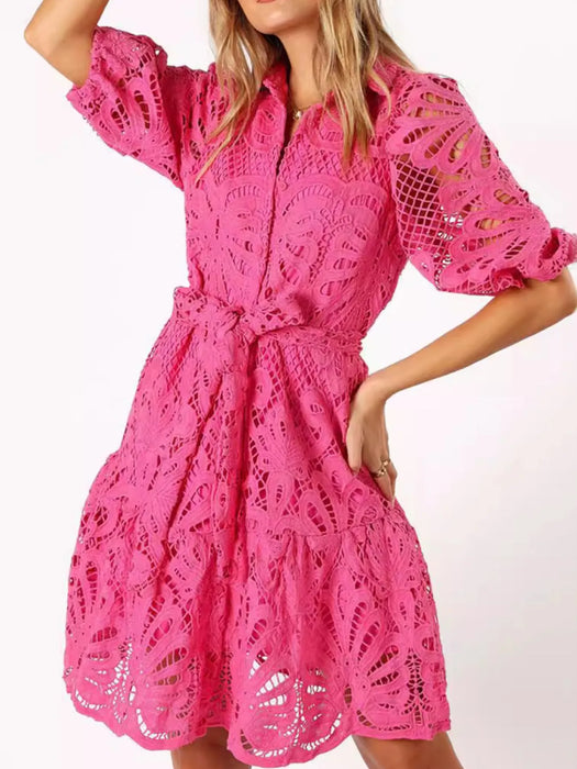 Lace Tie Waist Half Sleeve Dress - Byyde