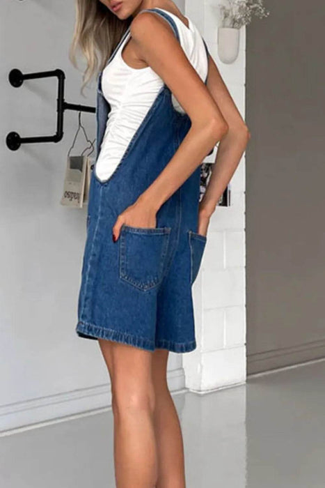 Button Front Denim Overall Shorts with Front Pockets - Byyde