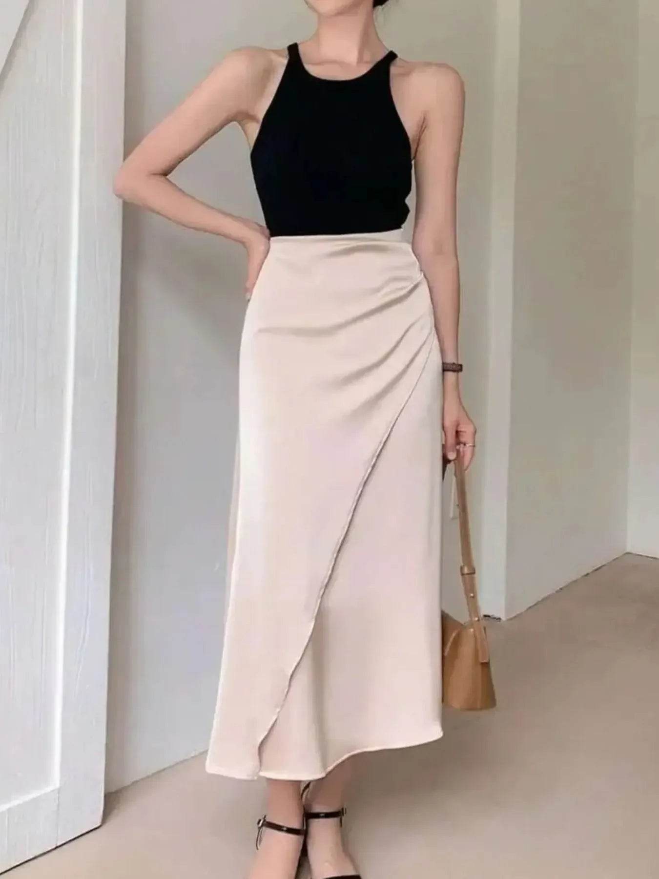 Asymmetric Wrap Midi Skirt with Fluted Hem - Byyde
