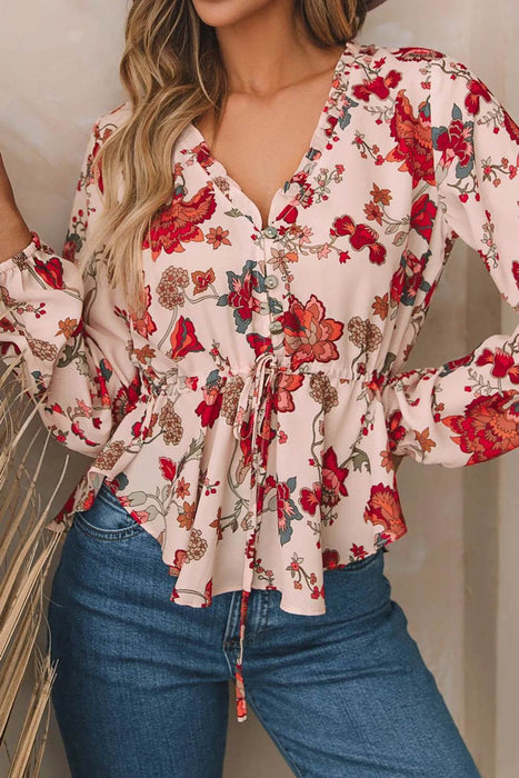 Floral V-Neck Drawstring Peplum Blouse - Byyde
