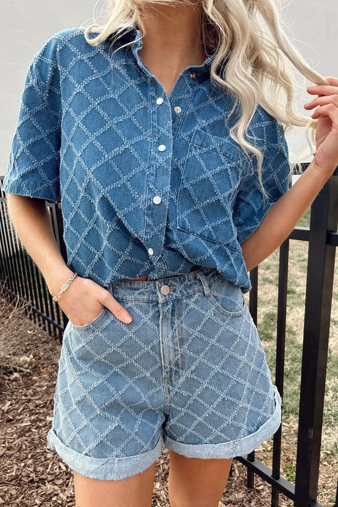 Pocketed Collared Neck Short Sleeve Womens Denim Shirt – Stylish Ladies Denim Shirt - Byyde