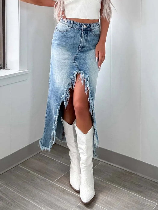 High-Waist Raw Hem Asymmetry Denim Skirt - Byyde