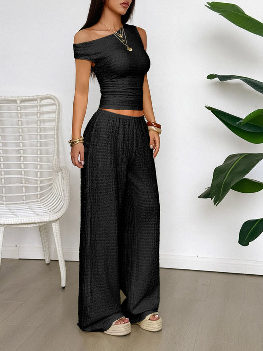 One Shoulder Top and Wide Leg Pants Set - Byyde