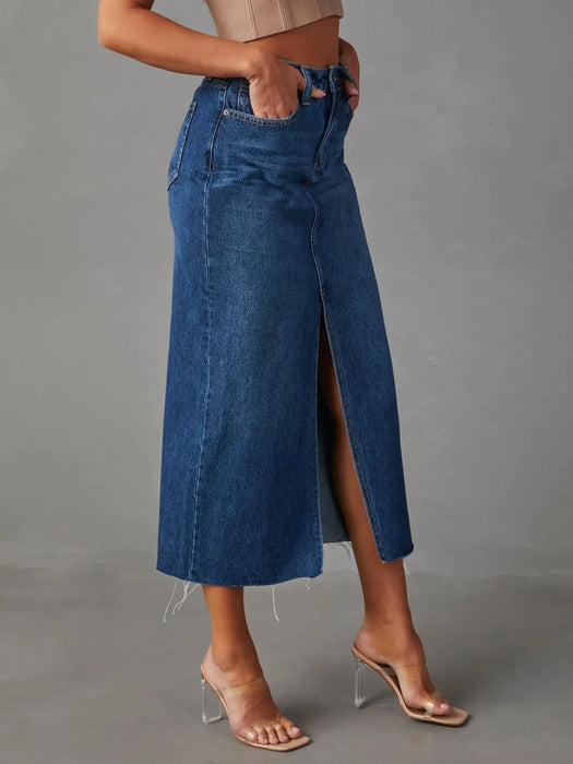 Raw Hem Front Slit Denim Midi Skirt - Byyde