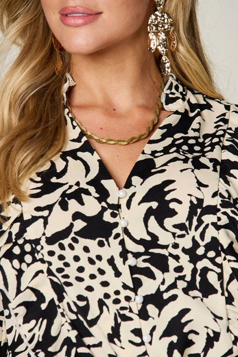 Double Take Full Size Printed Ruffle Trim Balloon Sleeve Shirt - Byyde