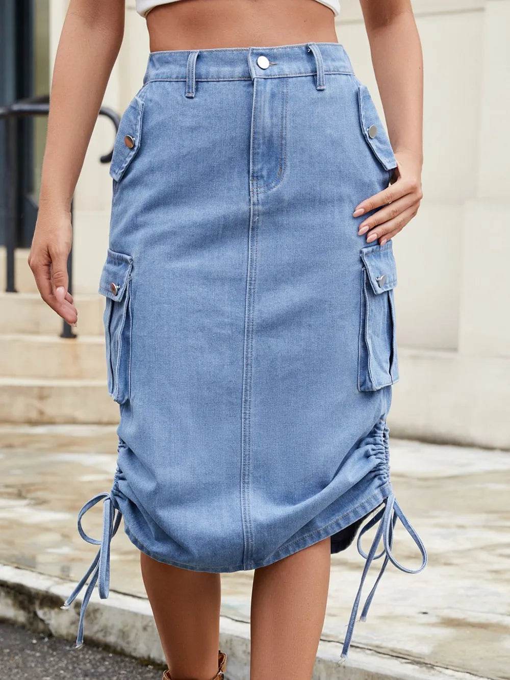 Drawstring Denim Skirt with Cargo Pockets - Byyde