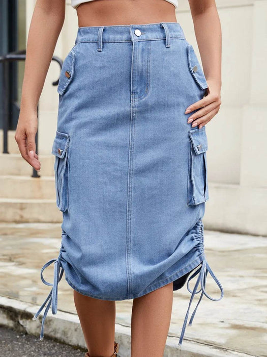 Drawstring Denim Skirt with Cargo Pockets - Byyde