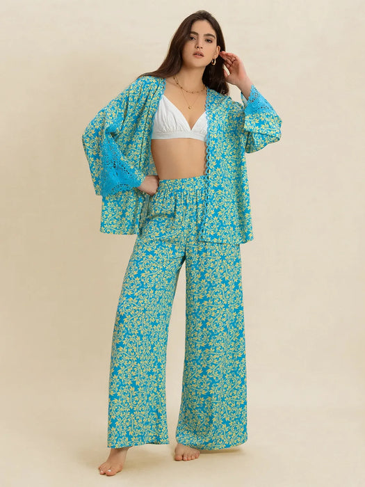 Open Front Printed Top and Pants Set - Byyde