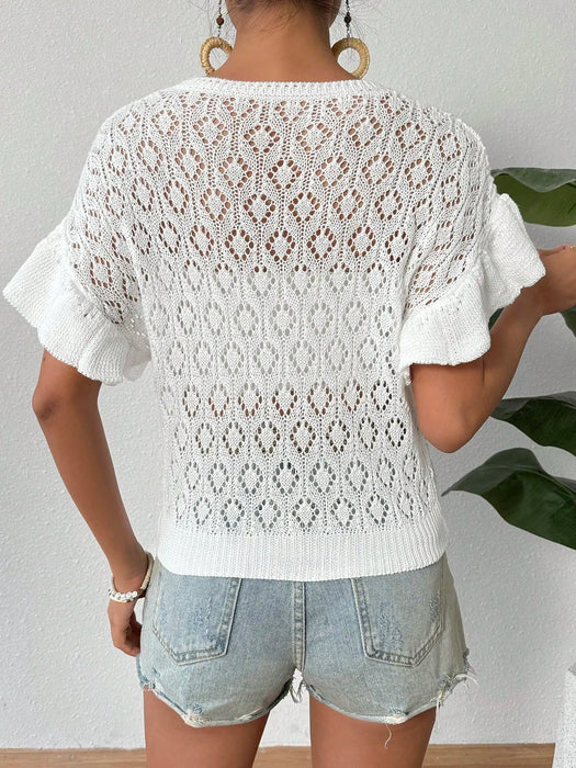 Ruffled Openwork Round Neck Knit Top - Byyde