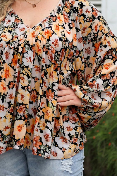 Plus Size Floral V-Neck Balloon Sleeve Blouse - Byyde