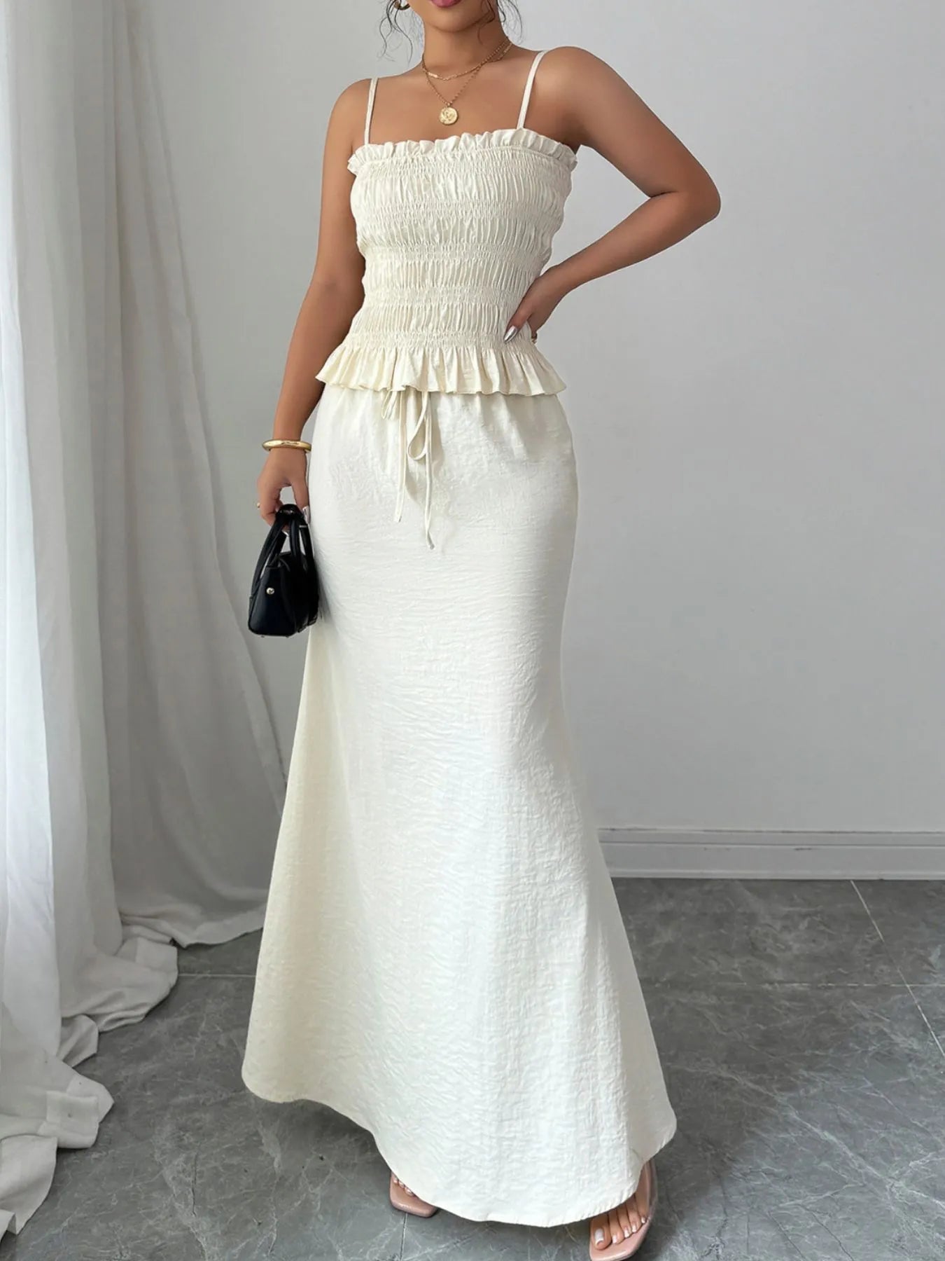Smocked Ruffled Hem Cami and Maxi Skirt Set - Byyde