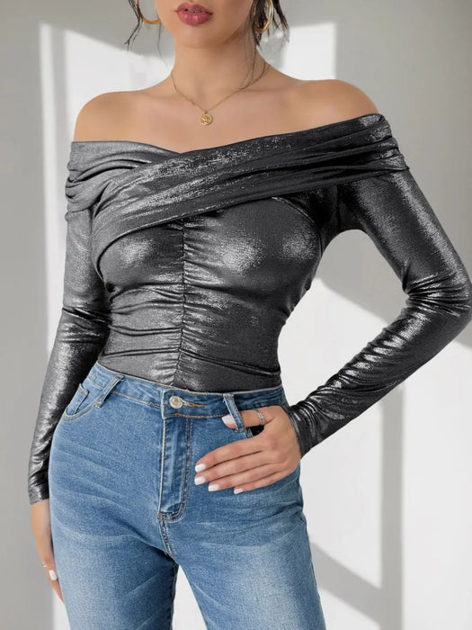 Perfee Ruched Off-Shoulder Long Sleeve Bodysuit - Byyde