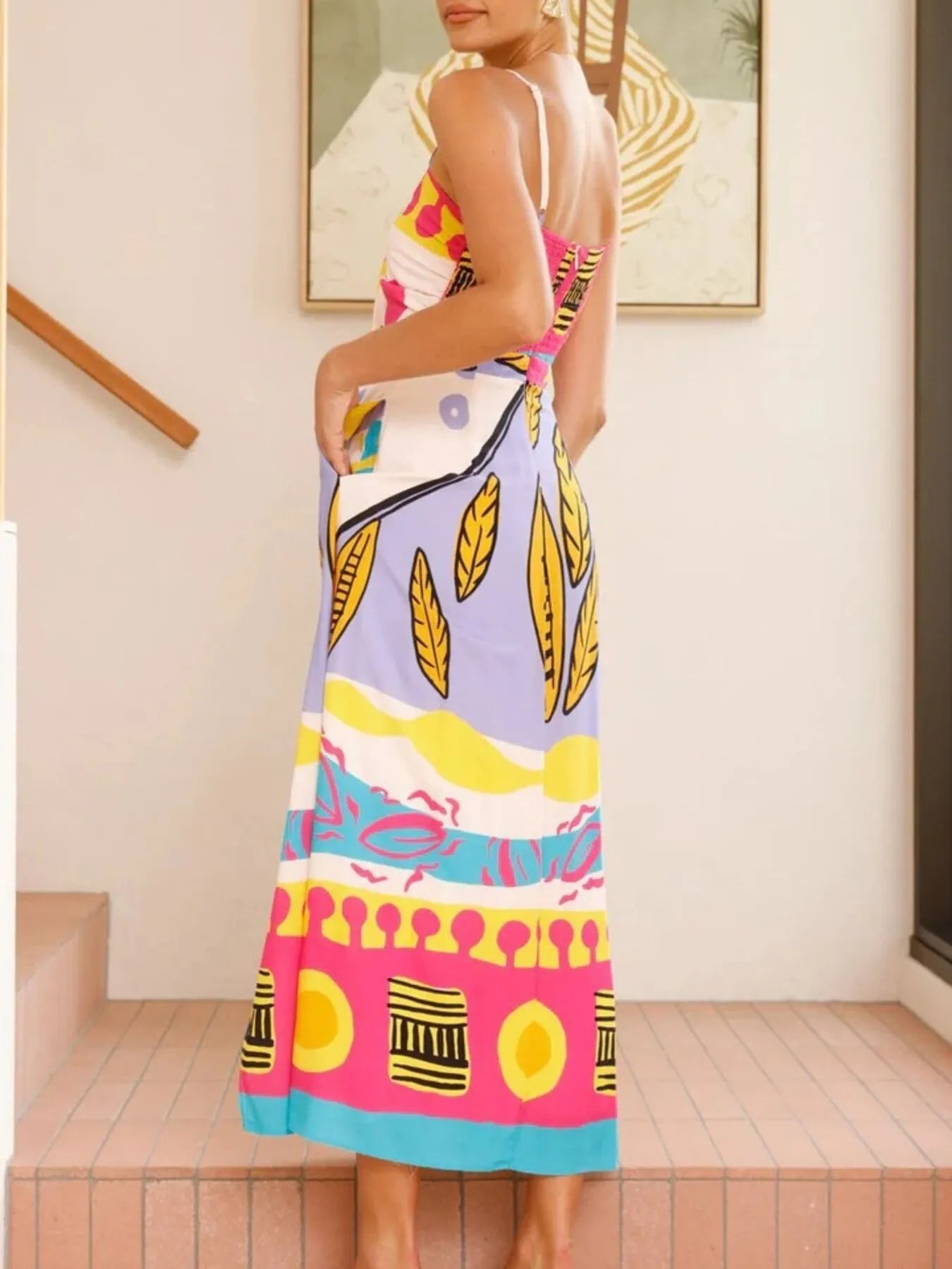 Tied Front Printed Slit Maxi Cami Dress - Byyde