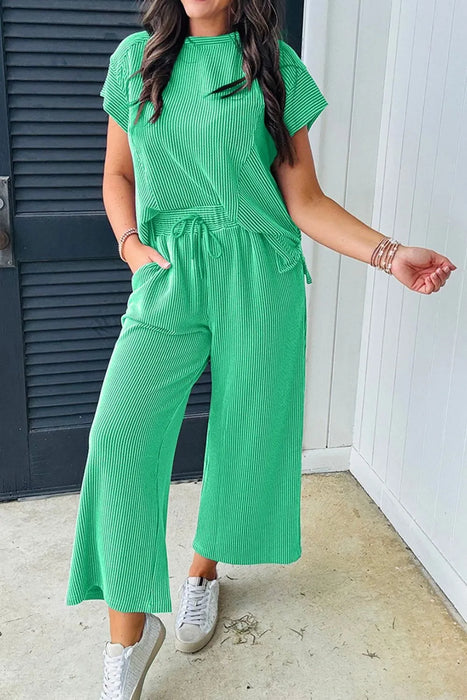 Ribbed Knit Round Neck Top and Pants Casual Set - Byyde