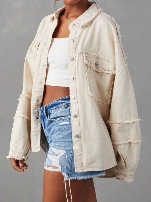 Button Down Raw Hem Denim Jacket - Byyde