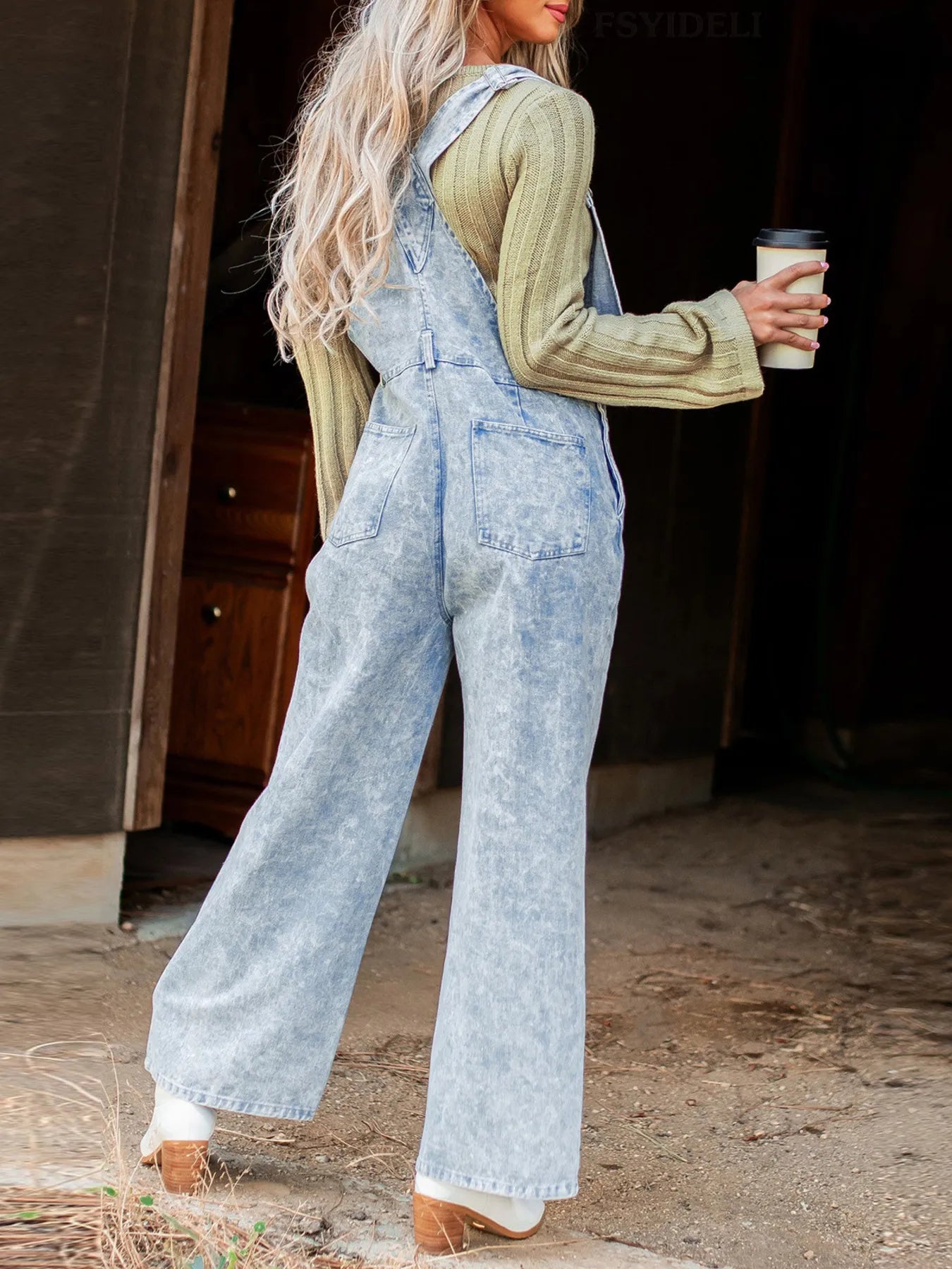 Vintage Washed Wide Leg Denim Overalls with Front Pockets - Byyde