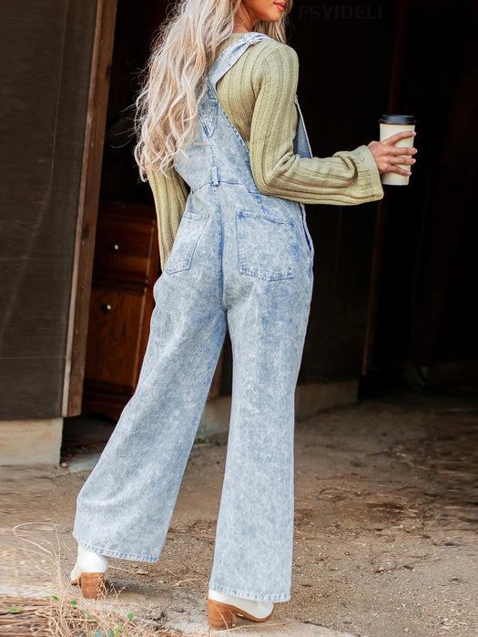 Vintage Washed Wide Leg Denim Overalls with Front Pockets - Byyde