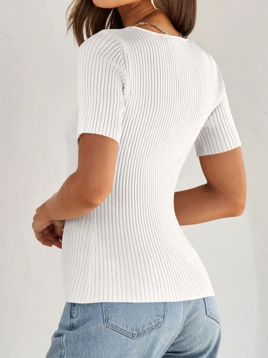 Ribbed Square Neck Short Sleeve Knit Top - Byyde