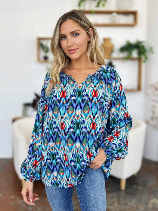 Double Take Full Size Printed Balloon Sleeve Blouse - Byyde