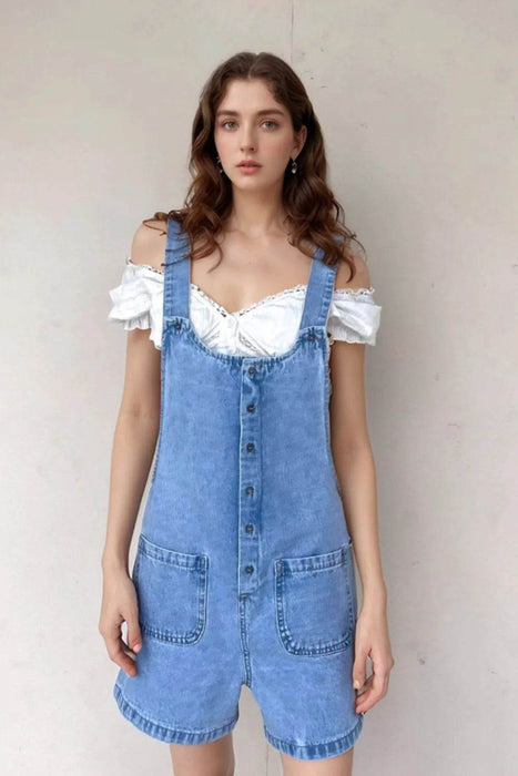 Button Front Denim Overall Shorts with Front Pockets - Byyde