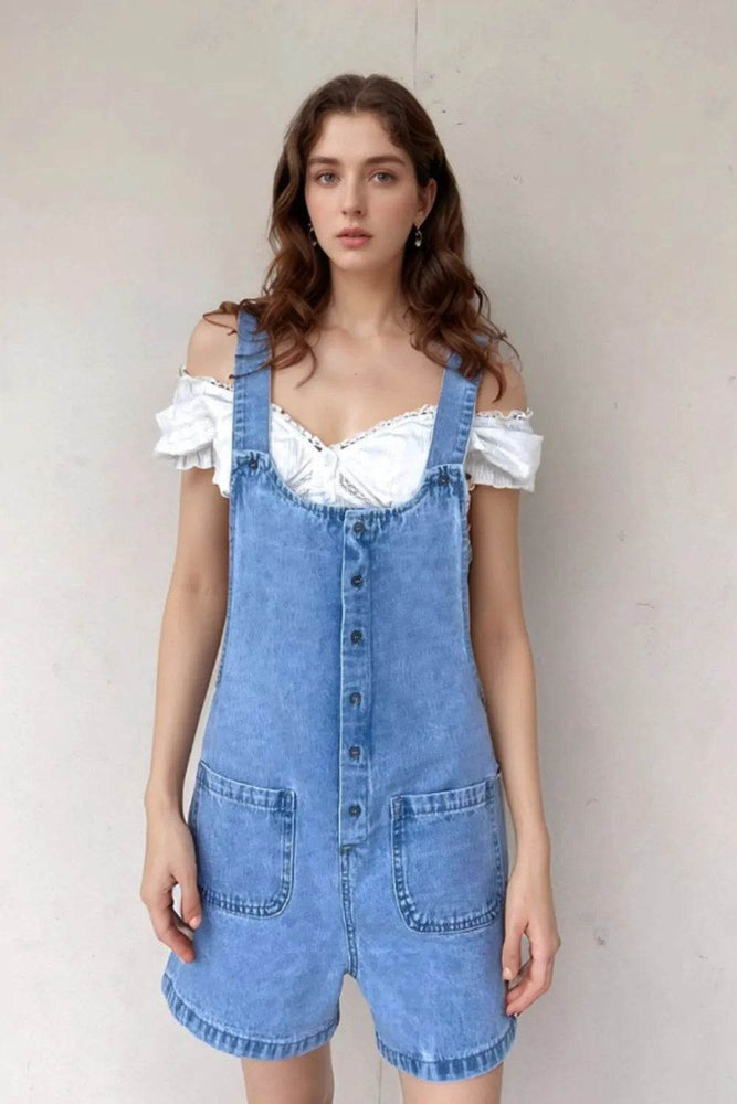 Button Front Denim Overall Shorts with Front Pockets - Byyde