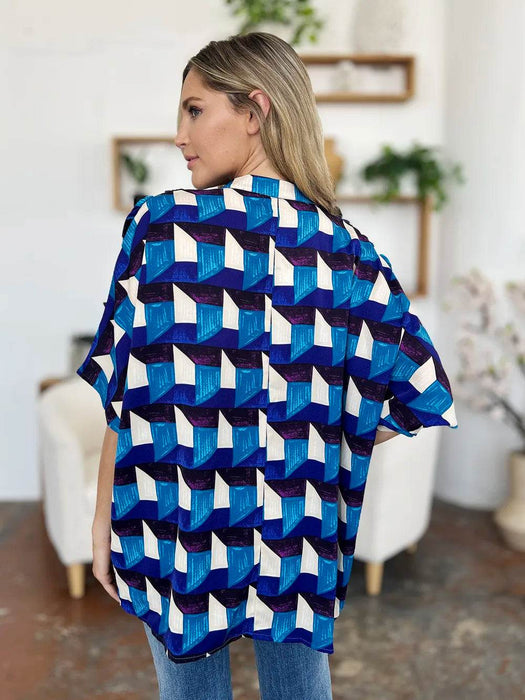 Double Take Full Size Geometric Notched Half Sleeve Blouse - Byyde